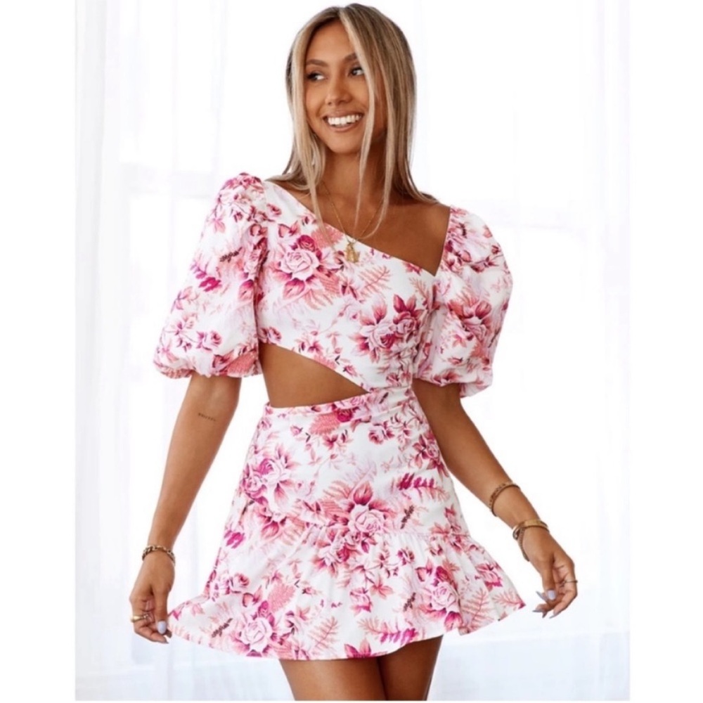 Hello Molly Sweetest Kind Floral Cut Out Asymmetrical Puff Sleeve Mini Dress- 6 - Picture 6 of 13